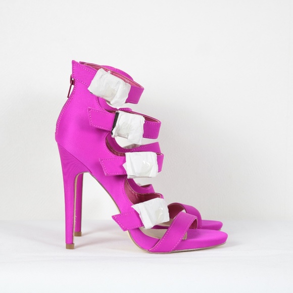 NEW JustFab "Connie" Fuchsia Buckle Up Strappy Stiletto Heels Sandals Size 7.5 - Picture 5 of 11